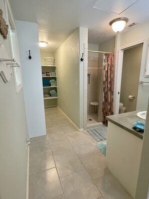 シャワー付き浴槽、ヘアドライヤー、タオル、トイレットペーパー