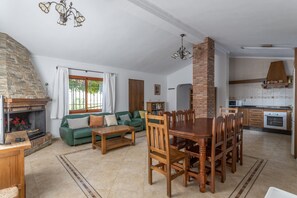 Télévision, cheminée, lecteur de DVD, chaîne hi-fi