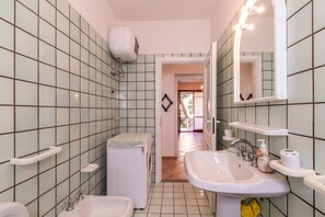 Une salle de bain avec un lavabo, un miroir et un lave-linge.