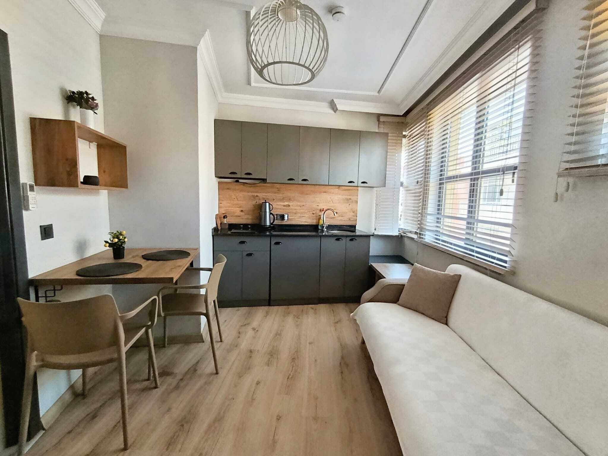 A compact kitchen with modern appliances, a dining area with a wooden table and chairs, and a sofa against a wall with a window.