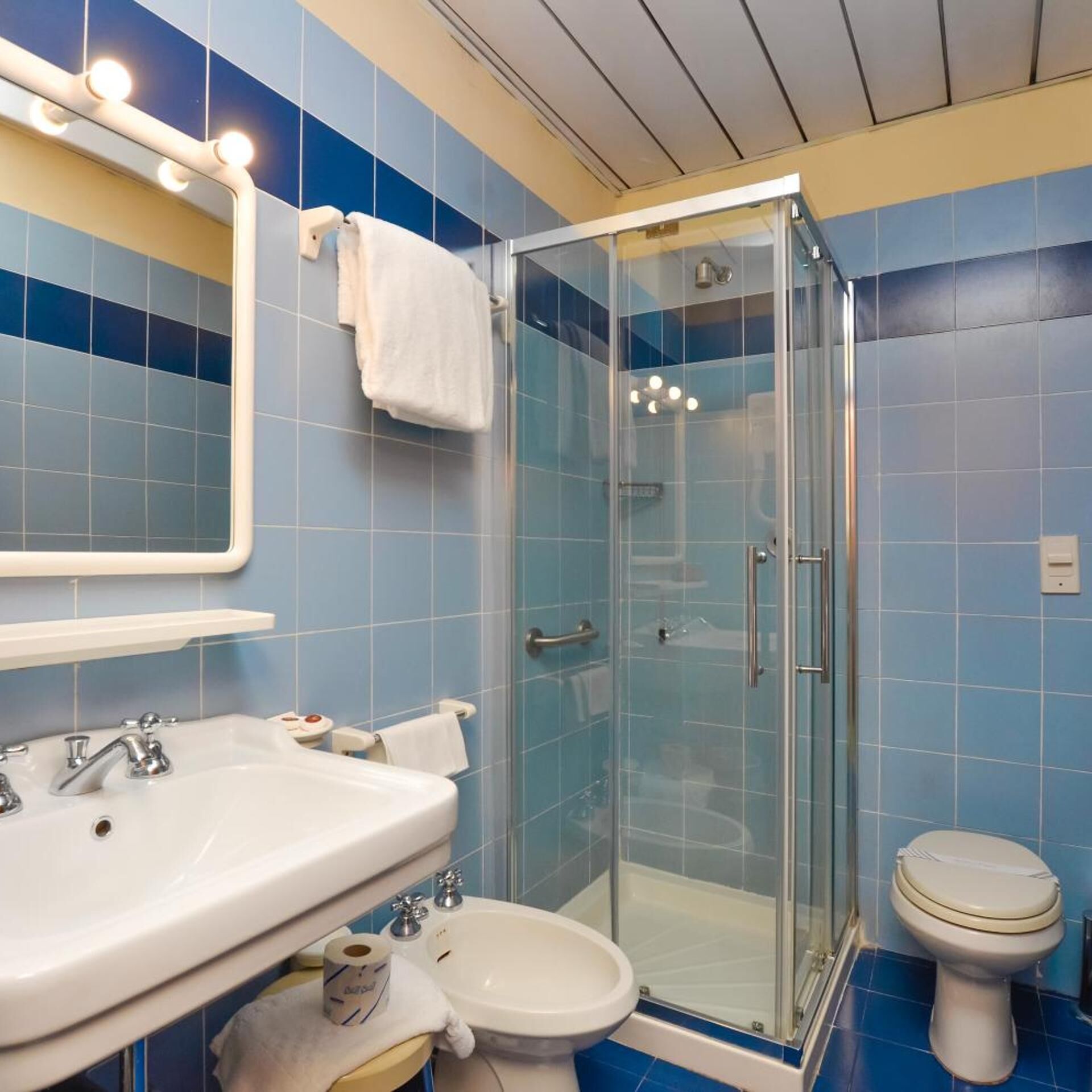 Un baño con ducha, inodoro y lavamanos.