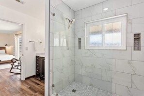 Shower, hair dryer, shampoo