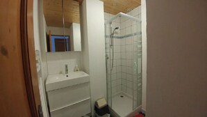 Une salle de bain avec une douche à parois de verre, un lavabo blanc et un miroir au-dessus du lavabo.