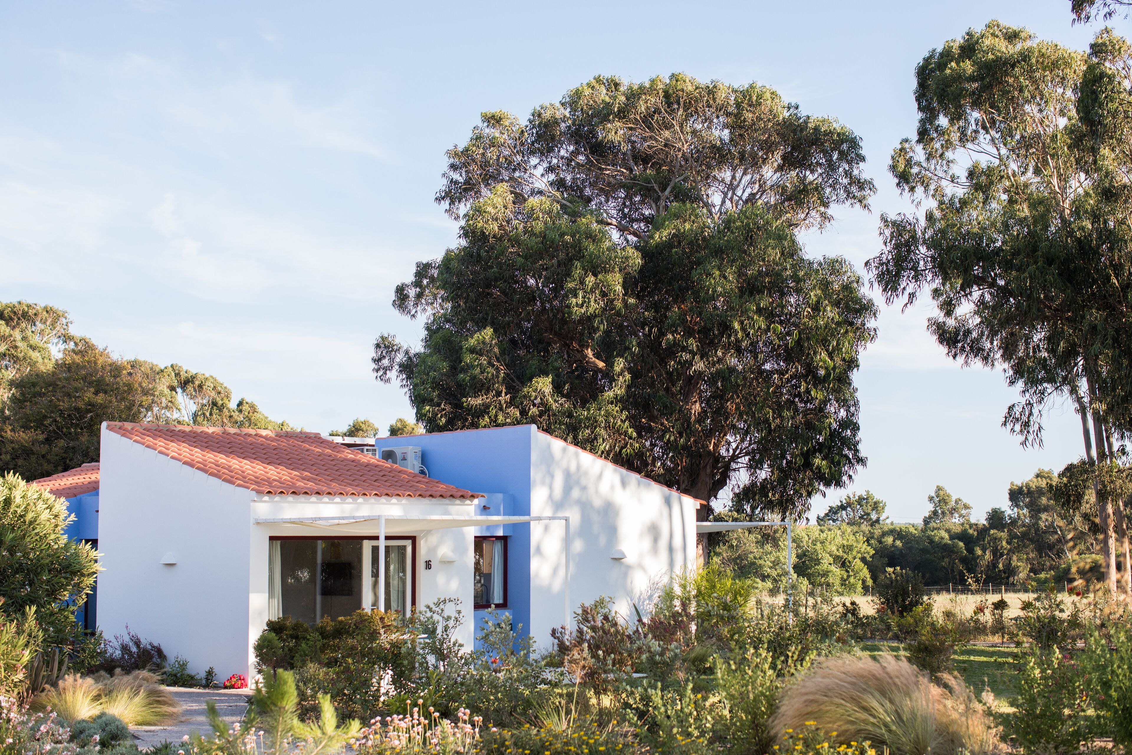 Un edificio blanco con tejado rojo, rodeado de abundante vegetación y árboles.