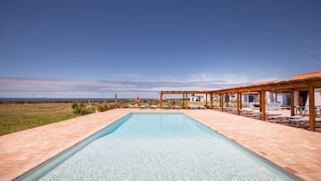 Utomhuspool, parasoller och solstolar