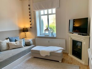 Fernseher, Kamin, DVD-Player, Bücher