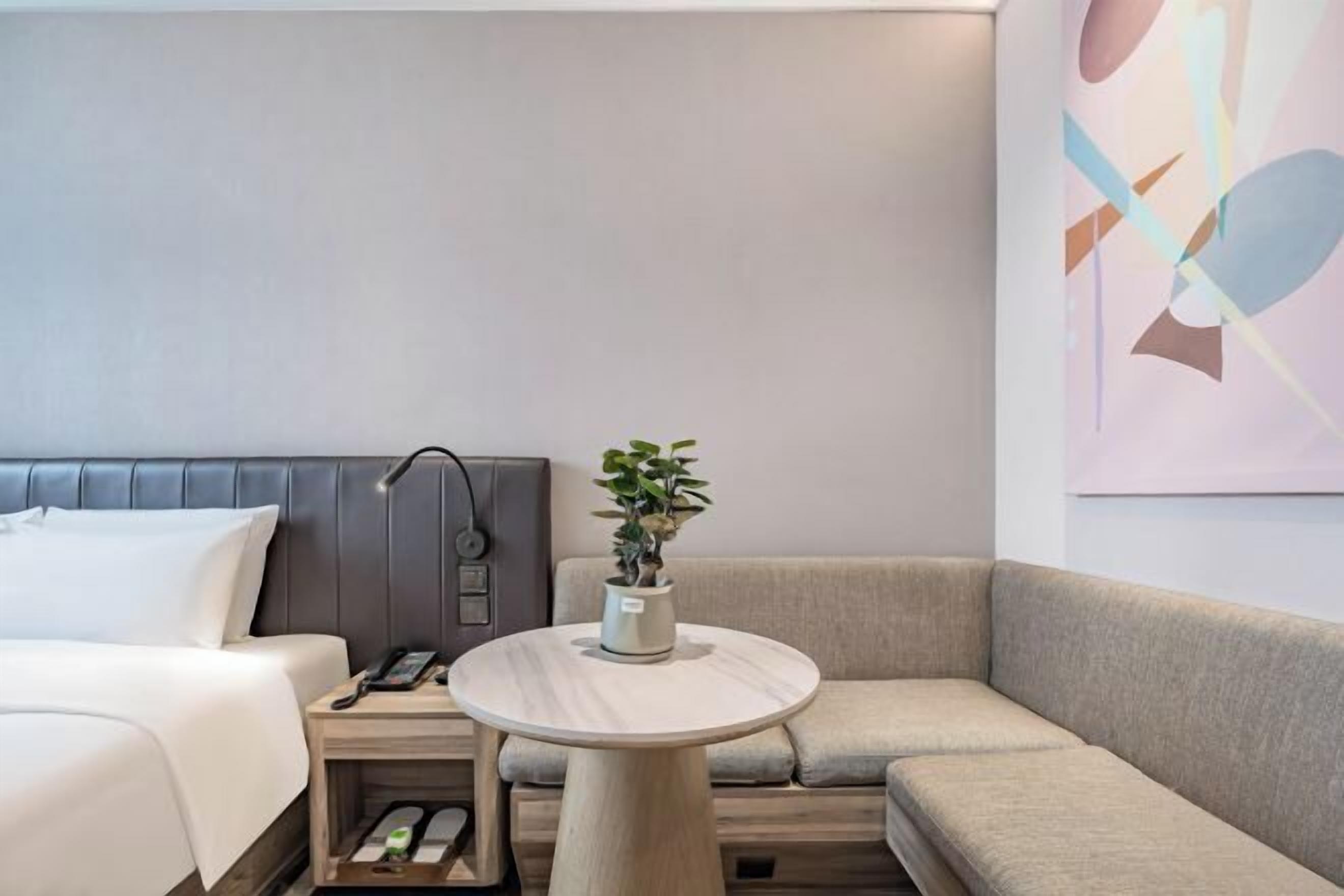 A hotel room with a bed, bedside table, lamp, potted plant, and a sofa.