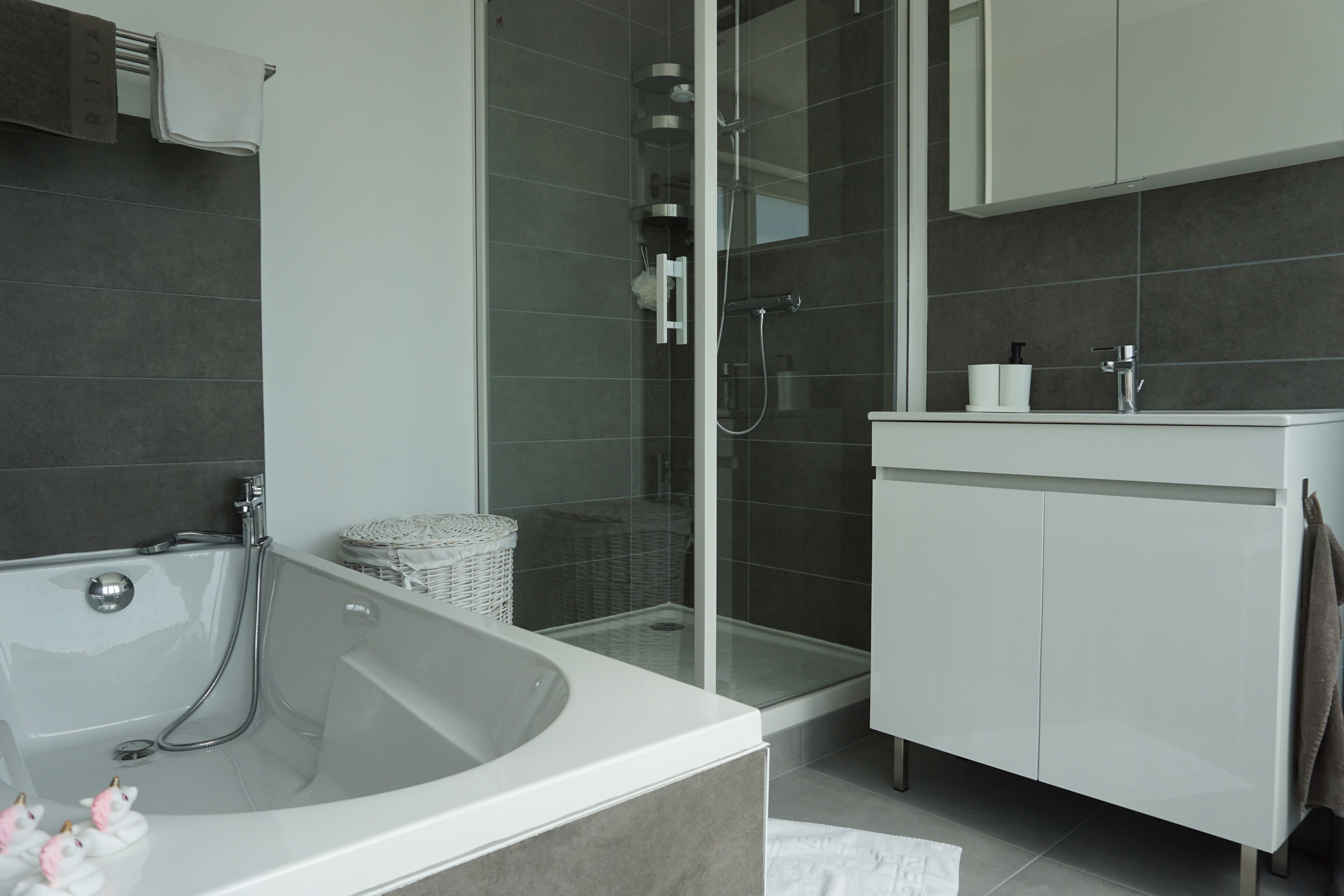 Bathtub, hair dryer, towels, toilet paper