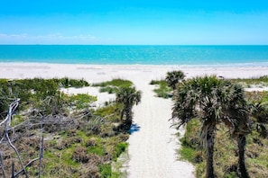 A beach path leading to the ocean with palm trees and shrubs on either side. - 2 bedroom, 2 bath ground level condominium located at a beachside complex. (Sanibel)