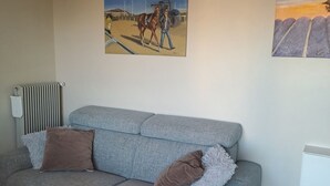 Un salon avec un canapé gris, deux coussins marron et deux tableaux accrochés au mur.