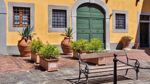 A courtyard with a bench, potted plants, and a green door.