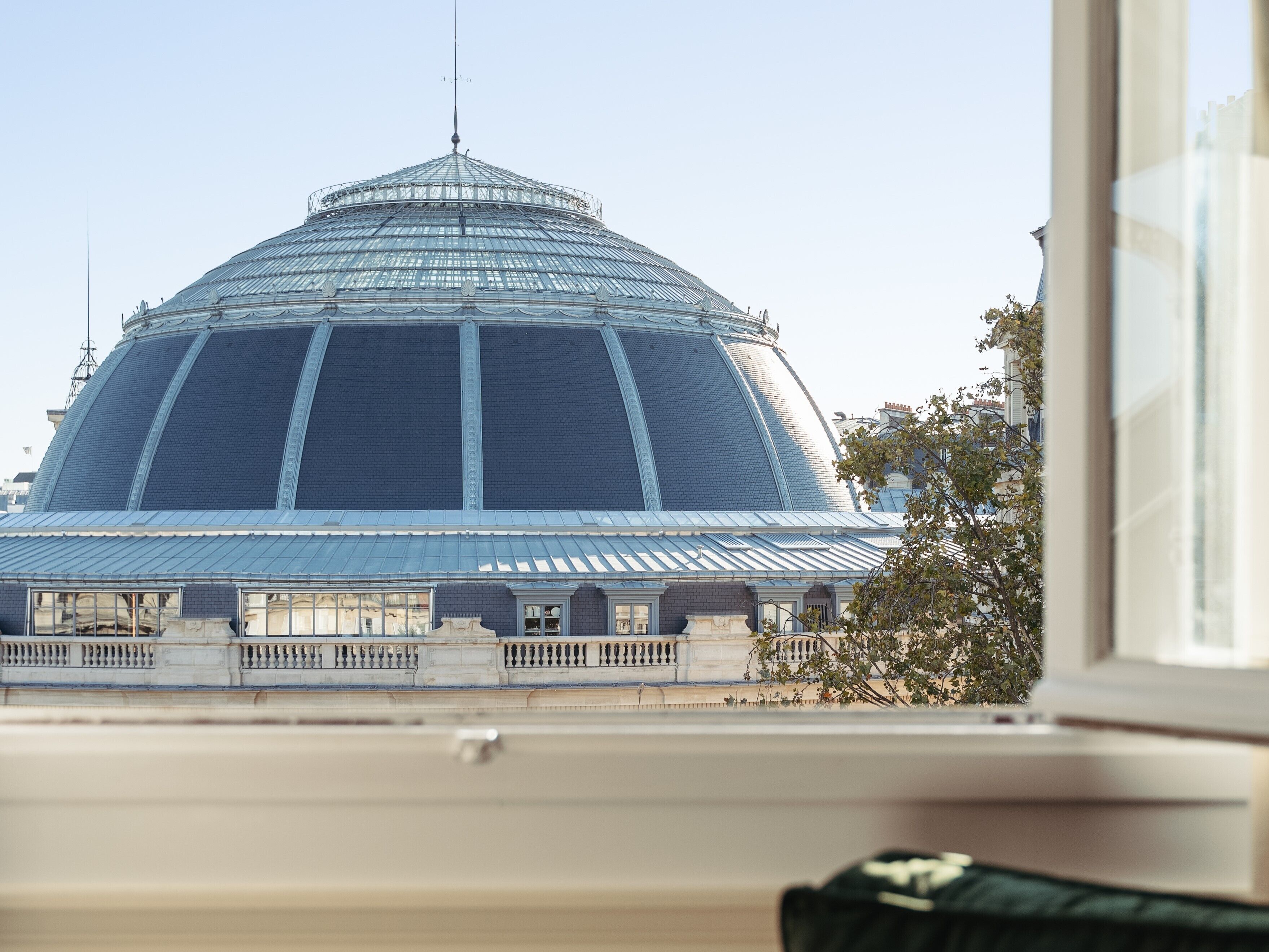 A large glass-domed building with a metal roof, viewed from a window with a view of a tree and a fence.