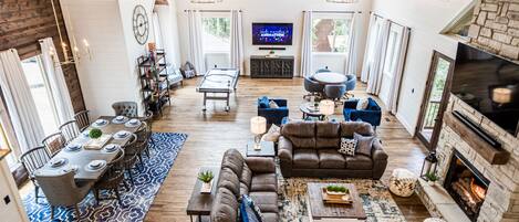 Smart TV, fireplace, video games, stereo