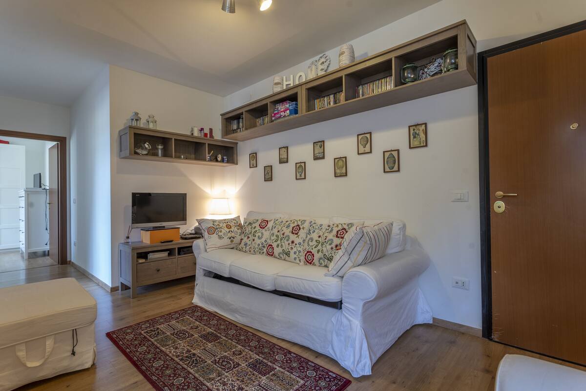 A living room with a sofa, TV, wooden shelves, and framed pictures on the wall.
