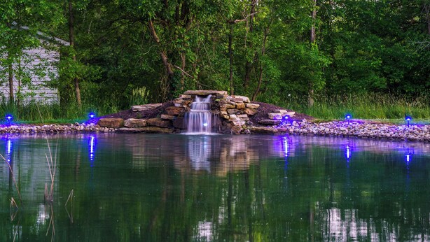 Un estanque tranquilo con cascada, rodeado de exuberante vegetación y estructuras de piedra.