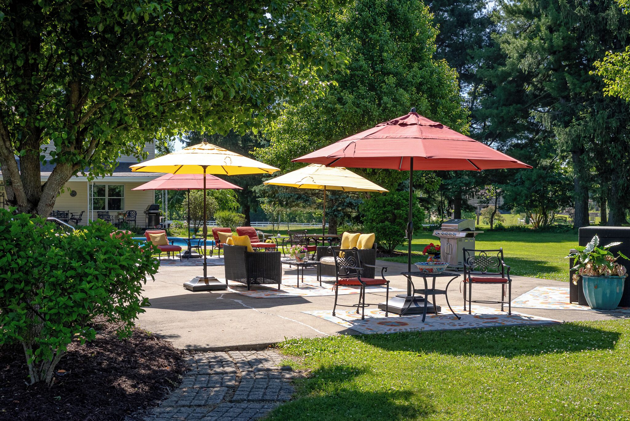 Een terras buiten met meerdere parasols, rieten meubels en een pad van stenen.