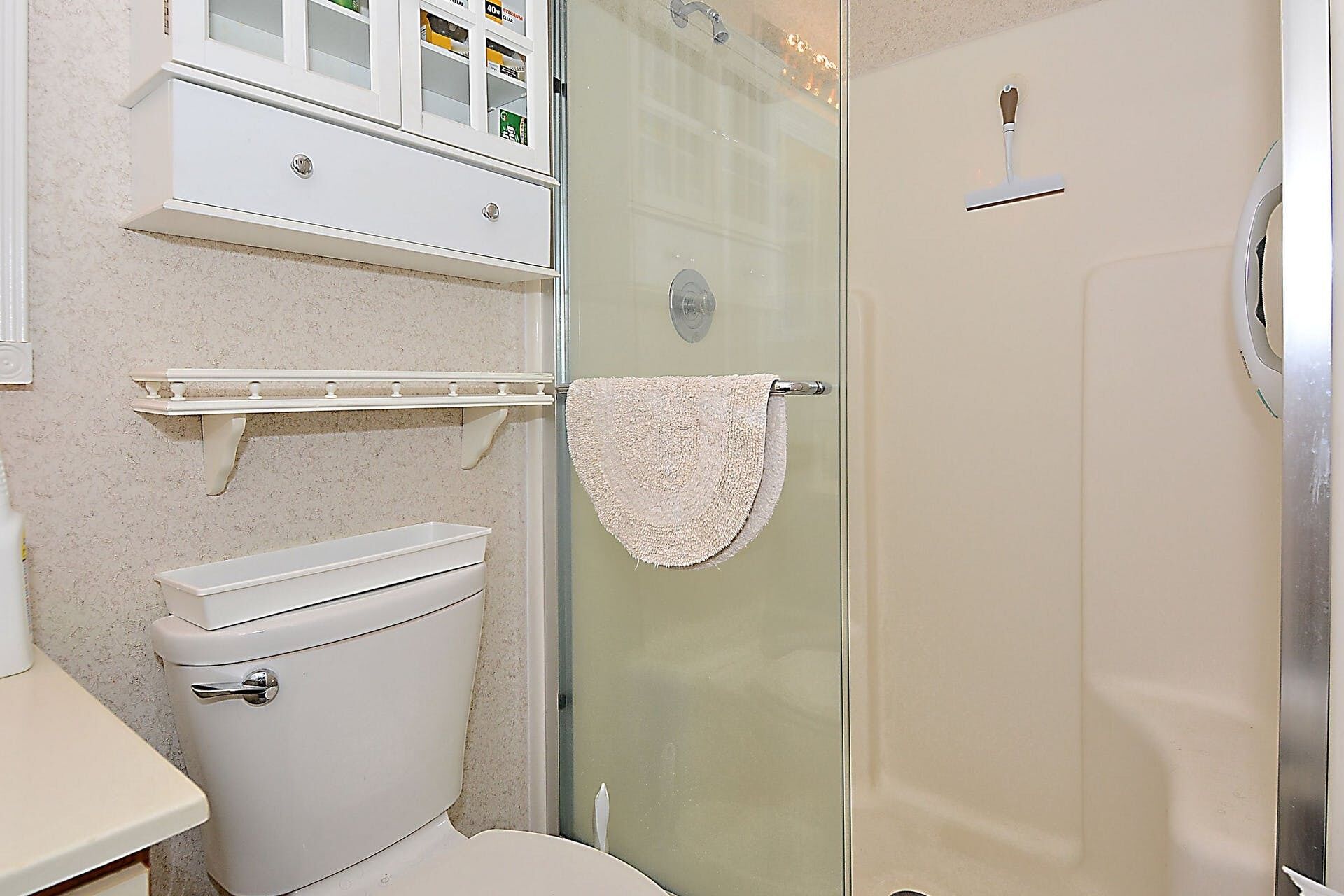 Et badeværelse med toilet, glasvægs brusebad og håndklædestige.