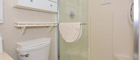Et badeværelse med toilet, glasvægs brusebad og håndklædestige.