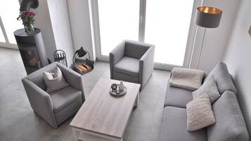 Een televisie, een open haard, een dvd-speler en boeken