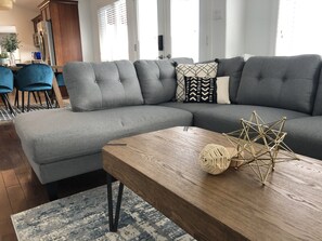 TV, fireplace, foosball, books