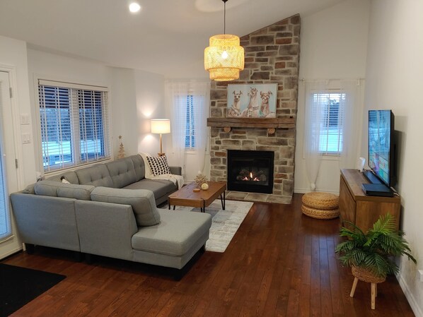 TV, fireplace, foosball, books