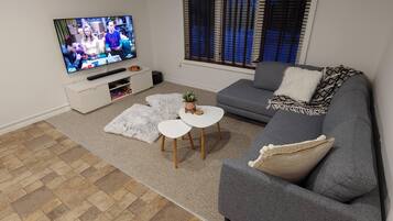 TV, fireplace, foosball, books