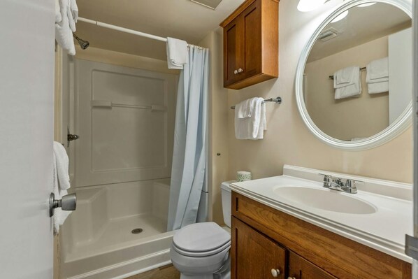 Une salle de bain équipée d’une douche, de toilettes, d’un lavabo et d’un miroir.
