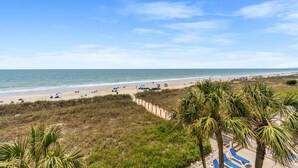 A beach with palm trees, a sandy shore, and a clear blue sky. - Classic beachfront condo with two beds and two baths, private balcony | Crescent Sands - 3-B (North Myrtle Beach)