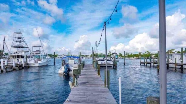 A marina with docked boats, a wooden pier, and a clear sky. - Manatee Pocket! Whole House & Backyard to Yourself (Stuart)