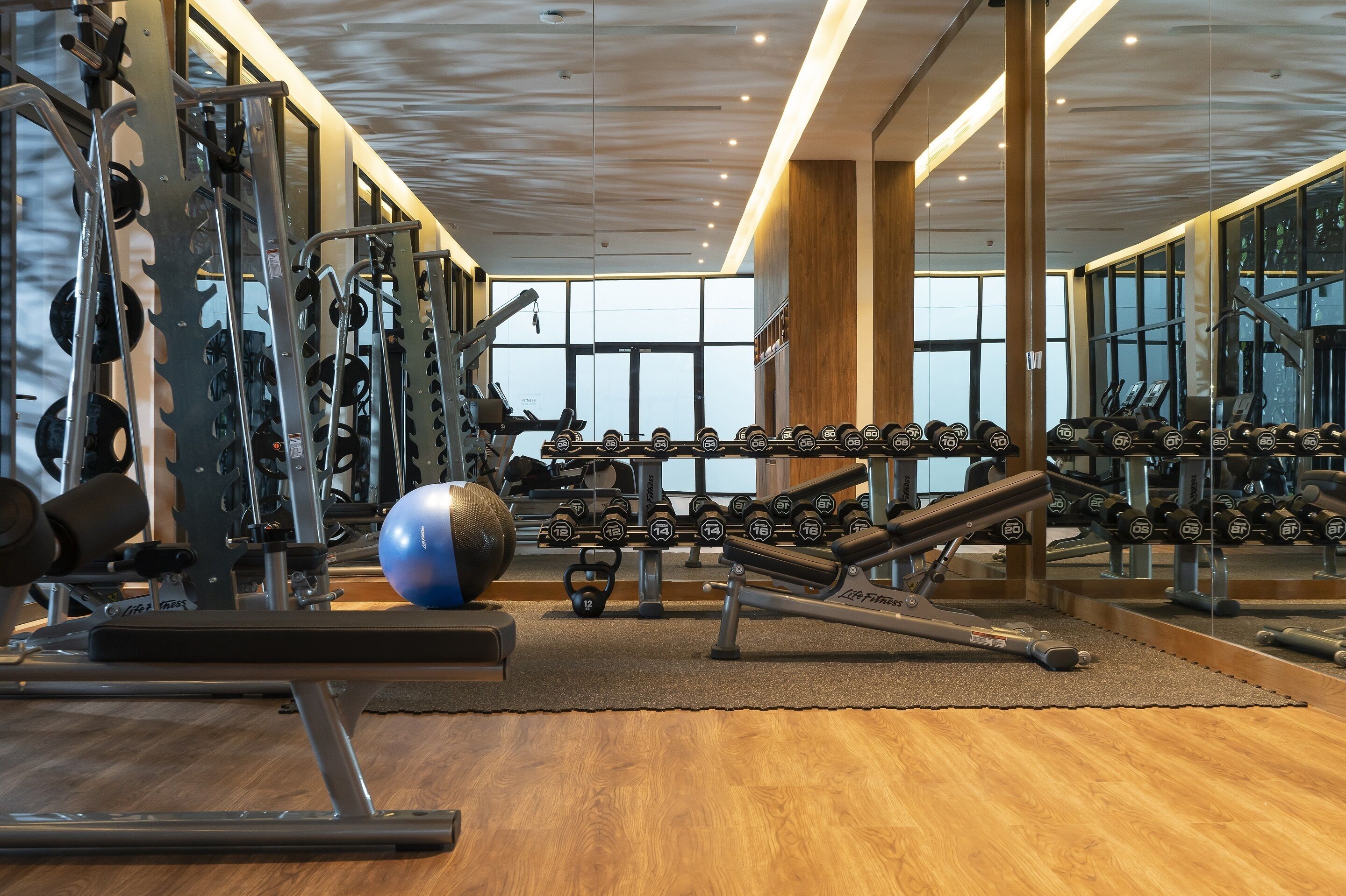 A gym with weightlifting equipment, exercise balls, and dumbbells.