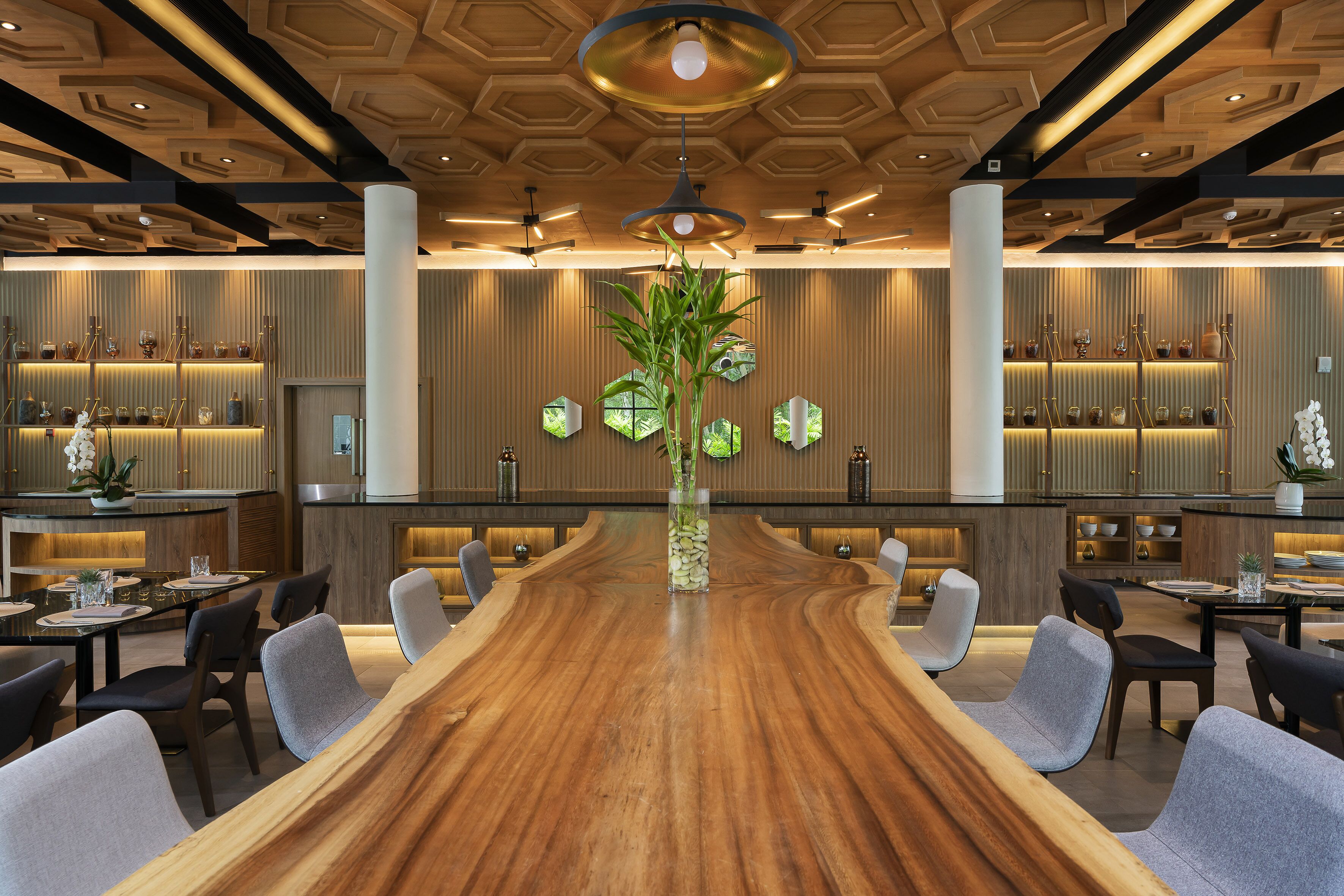 A modern dining area with a long wooden table, multiple chairs, and a central plant.
