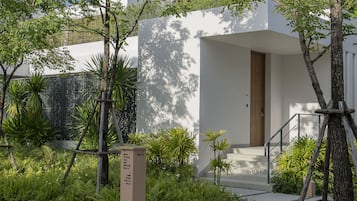A modern building with a minimalist design, featuring a concrete pathway leading to a wooden door.