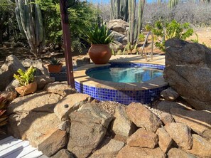 Un jacuzzi rodeado de rocas y cactus, con un borde de azulejos y una planta en maceta cerca.