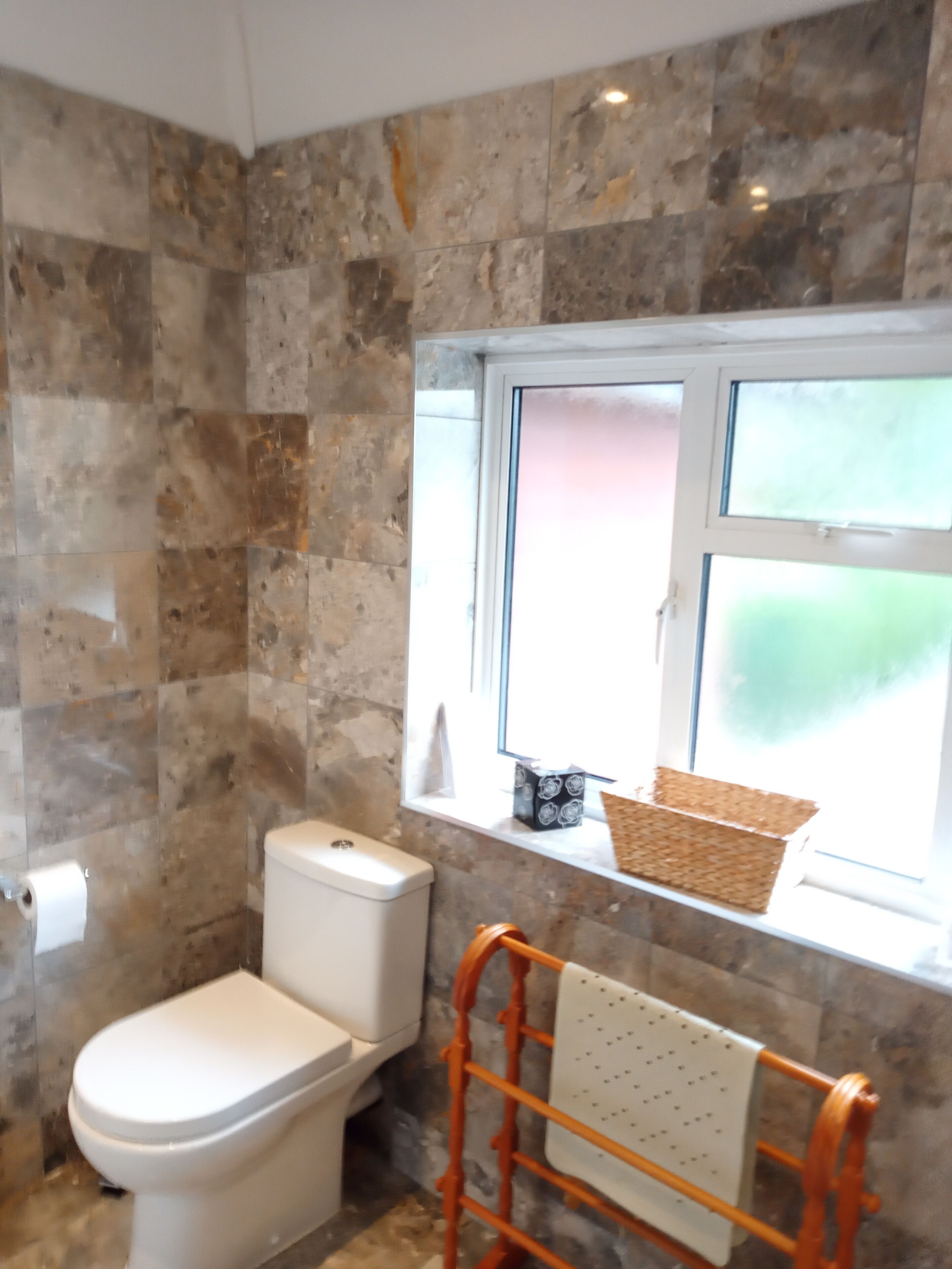 A bathroom with a toilet, a window, and a towel rack.