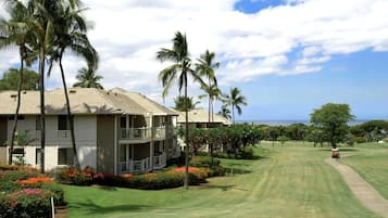 A two-story building with a balcony, surrounded by palm trees and a well-maintained lawn.