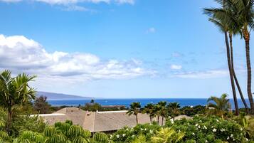 A tropical resort with a view of the ocean and a mountain in the distance.