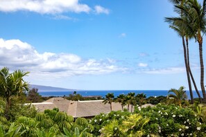 Ein tropisches Resort mit Blick auf das Meer und ein Berg in der Ferne.