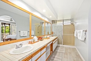 Shower, hair dryer, towels