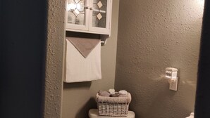 Hair dryer, towels, soap, shampoo