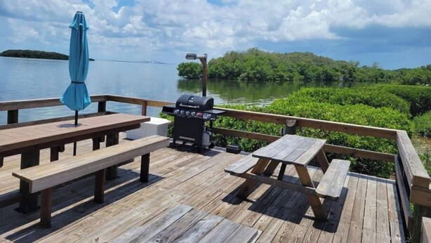 Terraza de madera con mesas de picnic y una parrilla, con vistas a un cuerpo de agua y abundante vegetación.