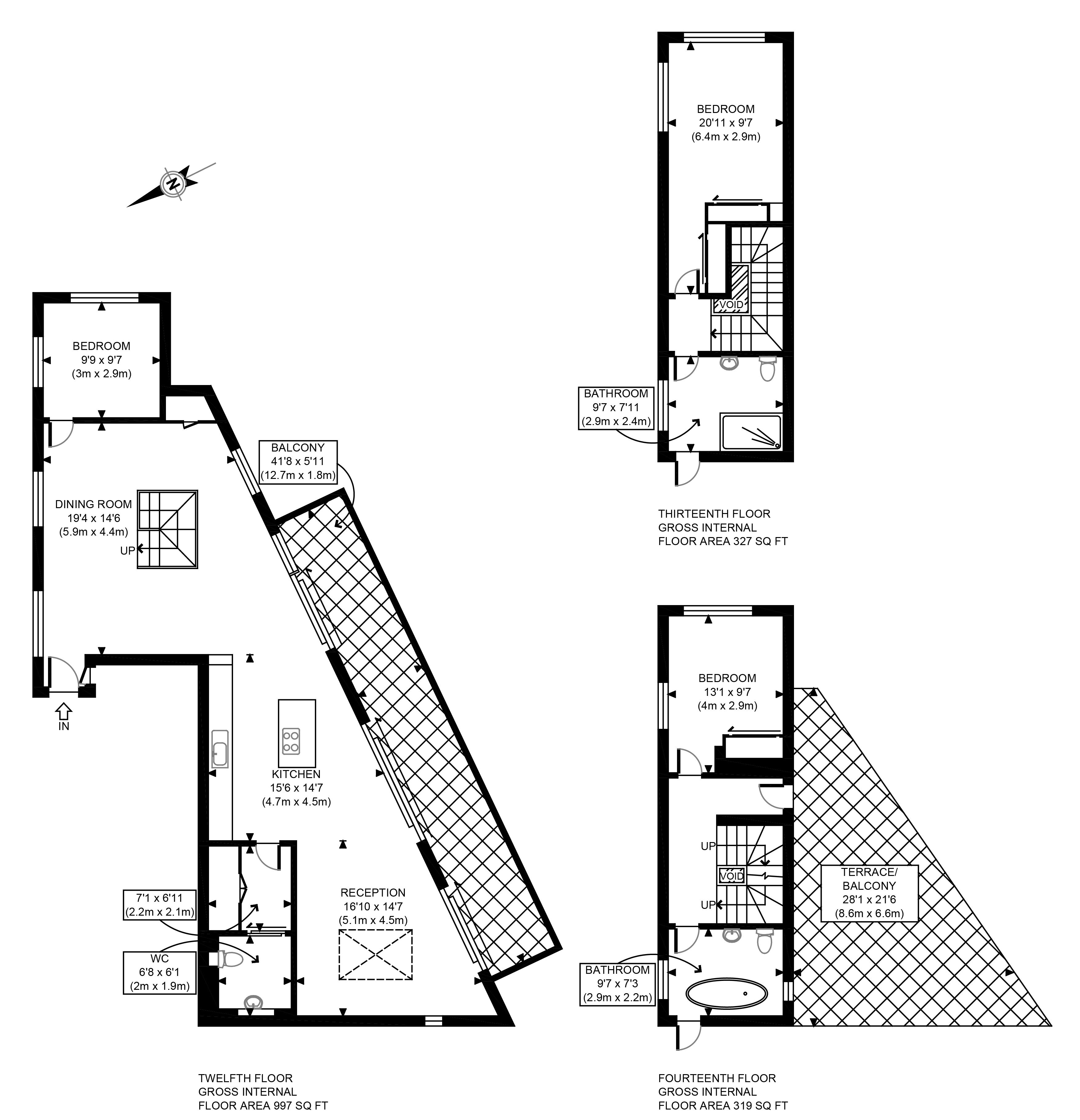Plattegronden van een hotel met diverse kamers, waaronder slaapkamers, een balkon, een eetruimte, een keuken, een badkamer en een receptie.