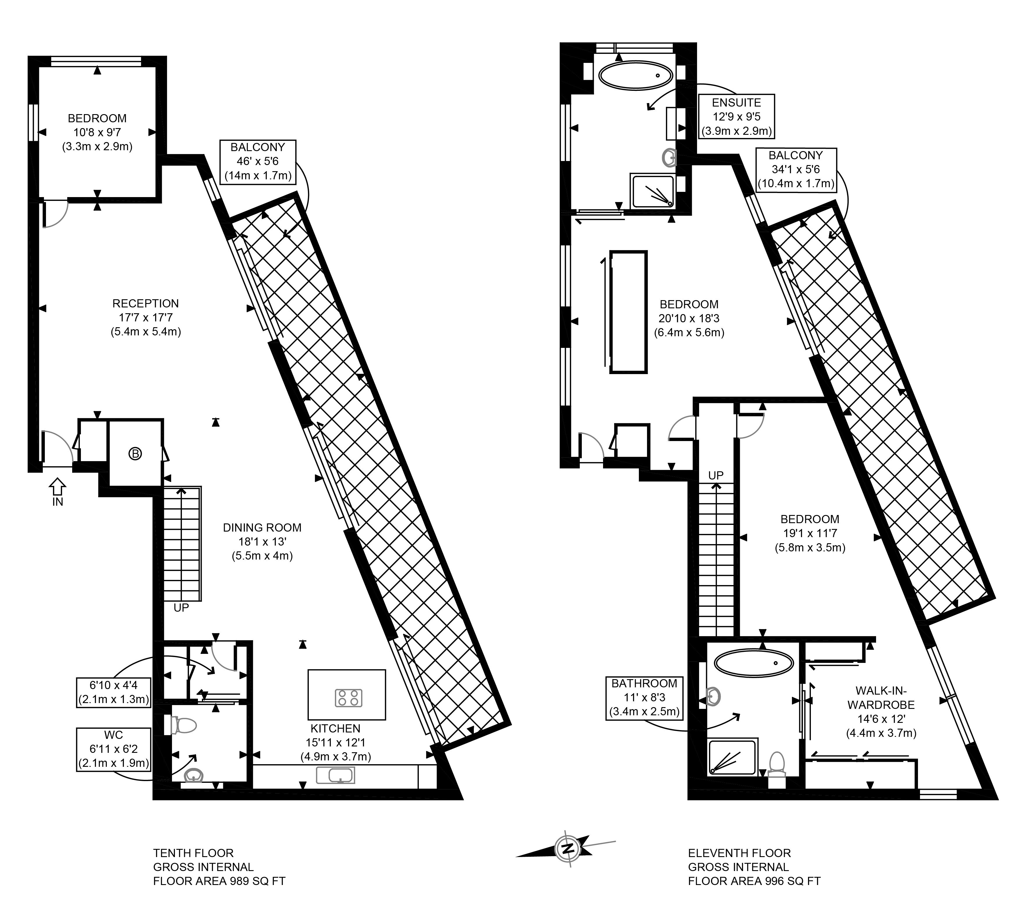 Floor plans of the tenth and eleventh floors of a building, detailing room sizes and layouts.