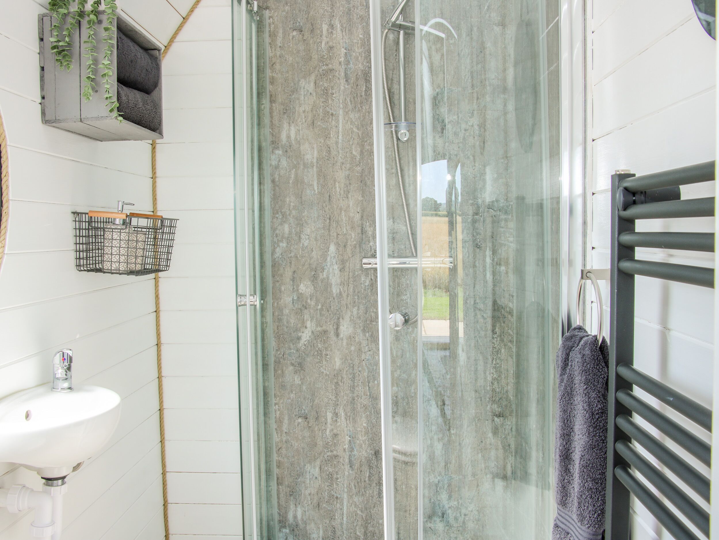 A bathroom with a glass-enclosed shower, a white sink, a towel rack, and a hanging plant.