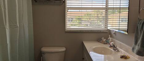 A bathroom with a toilet, sink, and window with blinds.