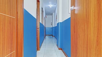 A hallway with wooden doors and blue walls.