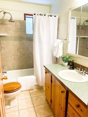 Combined shower/bathtub, hair dryer, towels, soap