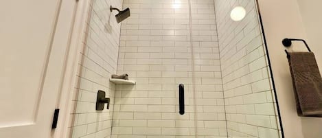 Shower, hair dryer, shampoo