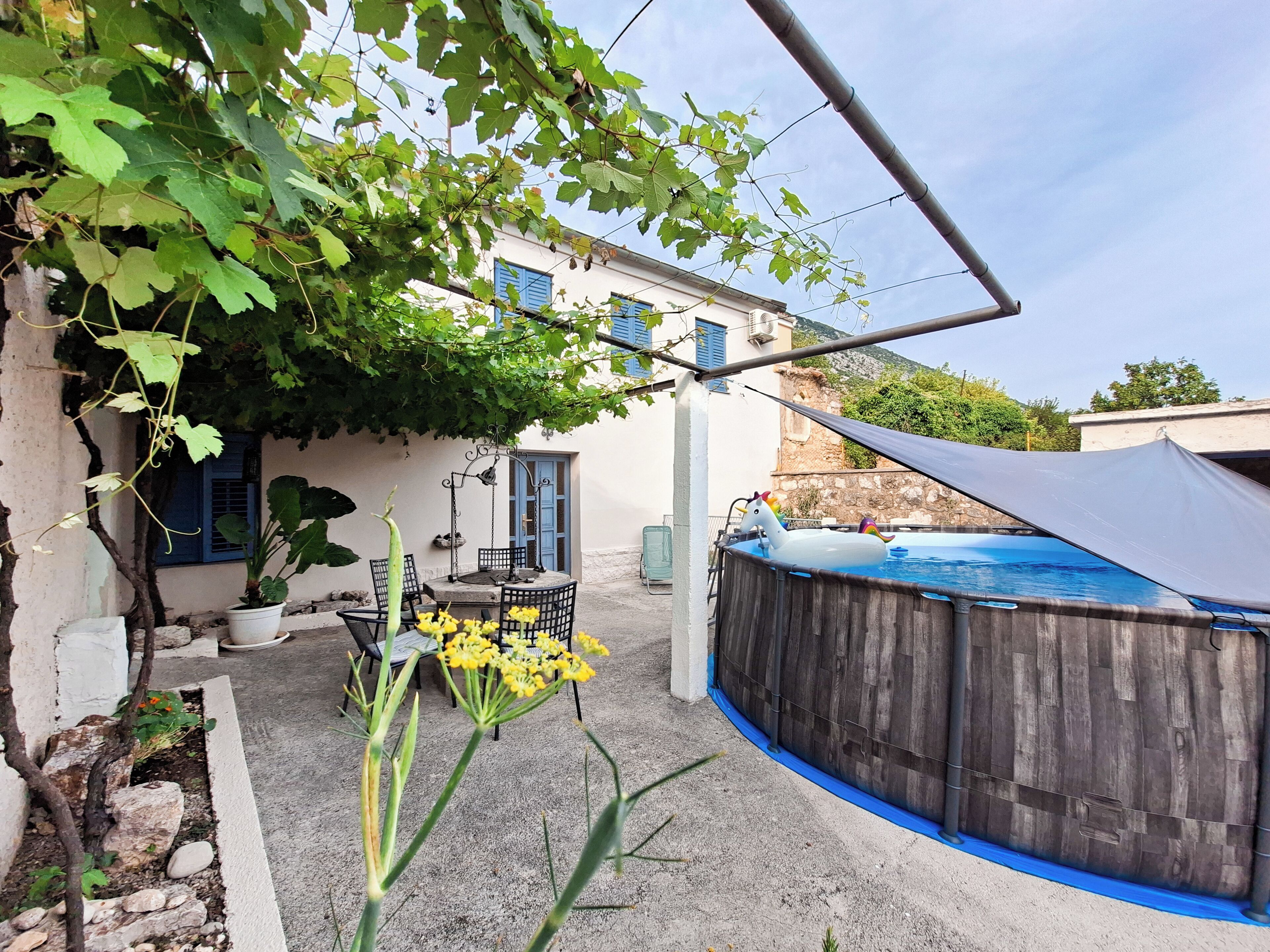 A backyard with a pool, a pergola, a table with chairs, and a potted plant.