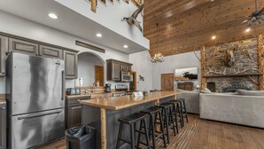 A modern kitchen with a central island, stainless steel appliances, and a stone fireplace. - Beautiful Views from the Rusty Moose (Branson West)