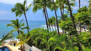 A resort with a pool, palm trees, and a view of the ocean. - OCEANFRONT; Stunning Corner Unit in Quiet Boutique Complex, Spacious, Pool, A/C! (Kailua-Kona)